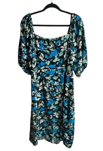 Ophelia Roe Size 1X Midi Dress Dark Floral Button Front Puff Sleeves Blue Black
