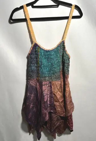 VTG Silk Smocked Sleeveless Tunic Top Handkerchief Hem Fairy Colorful Boho S Y2K