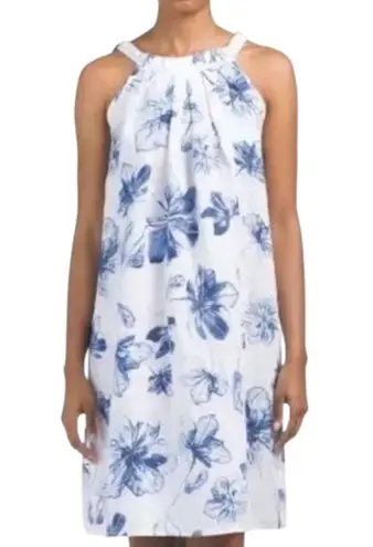 Bella Umbra Italy Linen White Blue Floral Resort Sleeveless Flowy Dress Medium