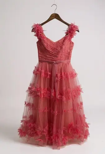 Marchesa Notte Off Shoulder Tulle 3D Floral Midi Gown Dress Size 0 Pink Tiered