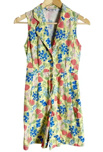 Rachel Antonoff Kitty Strawberry Fruit Print Sleeveless Collared Linen Romper 0 Yellow