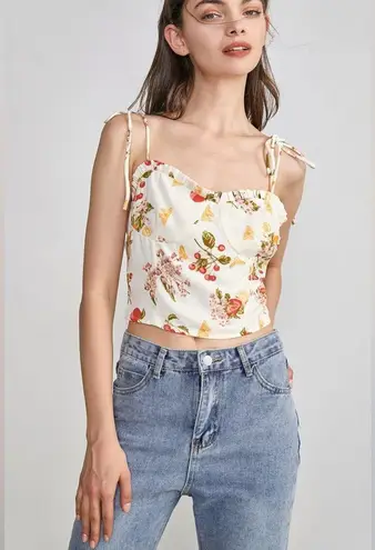 NLW Fruit Print Tank Top Blouse with Tie in Cream Size M NWOT