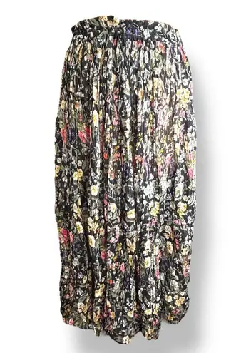 Vintage 90s Black Dark Floral Crinkle Maxi Skirt Pleated Semi Sheer Tie Waist Size L