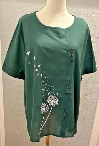 Dayou Shirt Women Button Tunic Top NWT 2X Dandelions Linen Blend Green Office