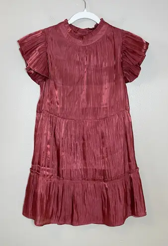 Women's Red Dress Holiday Christmas Shimmer Sparkle Tiered Short Flutter Sleeve