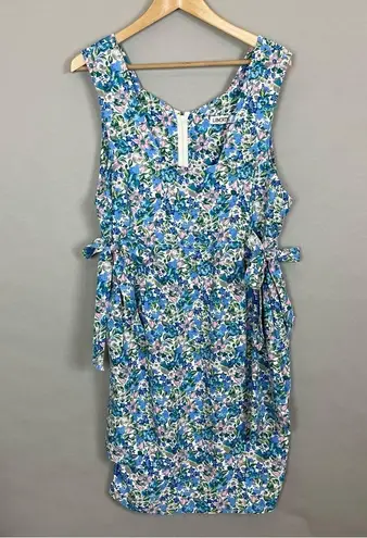 Vintage‎ Liberty Dress Apron Style Faux Wrap Side Ties Square Neck Blue Floral Size M