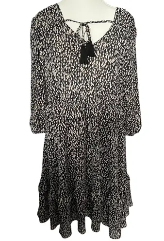 Soft Surroundings Dress M Black Beige Print Tassel Tie Long Sleeve Boho