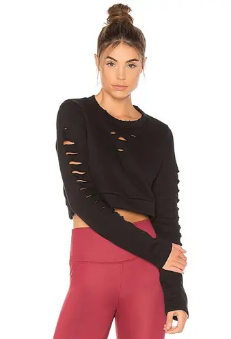 Alo Yoga Sweatshirt Ripped Warrior Long Sleeve Top Cropped Distressed in Black