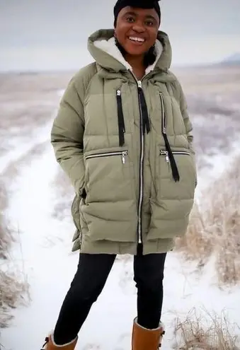 OroLay Puffer Coat Jacket with Hood Knee Length Green Quilted Padded Winter Warm Orange Size M