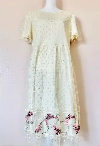 Polagram Cream Yellow Polkadot Embroidered Floral Tulle Short Sleeve Dress.