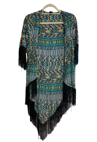 Love Tease shawl southwestern print fringed shirt sleeves longer in back Sz SM