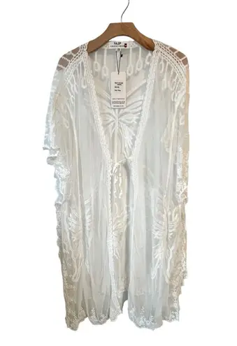 Tulip Creations Kimono Robe Womens One Size White Butterfly Lace Tie Front NEW Size L