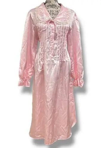 Jaclyn Smith Vintage 80s Size L Pink Satin Lace Trim Long Nightgown