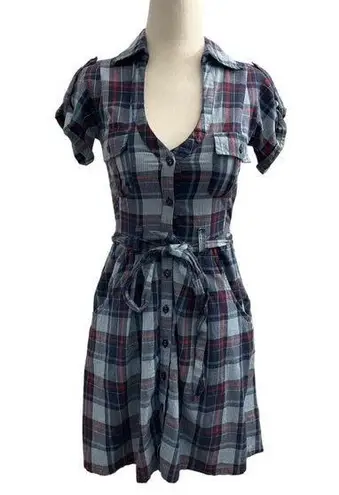 Willow & Clay Women Size XS Plaid T-Shirt Dress Blue Red Belted 11-721