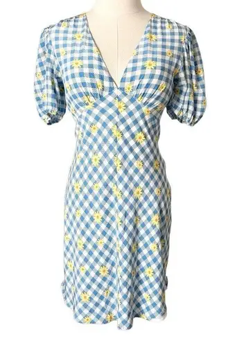 Staud Milla Print Mini Dress Gingham Daisy Plaid Size 4 Blue