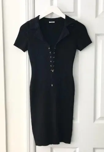 Wolford Black Ribbed Sweater Knit Collared Lace Up Neck Body Con Mini Dress XS