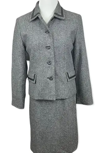 Pendleton Vintage Wool Silk Tweed Style Skirt Suit Leather Trim Black Small