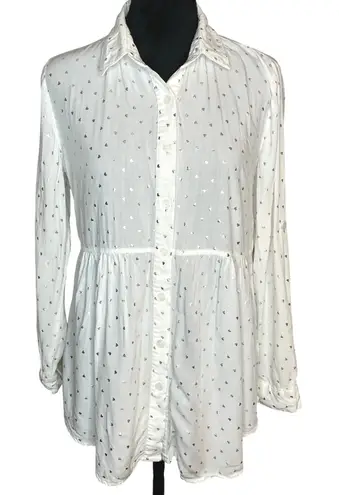 Solitaire Long Sleeve Foil Hearts Button Front White Blouse Roll Tab Sleeve Sm