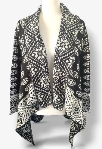 Elodie Intarsia Knit Aztec Waterfall Cardigan Sweater L Mohair Blend Black White