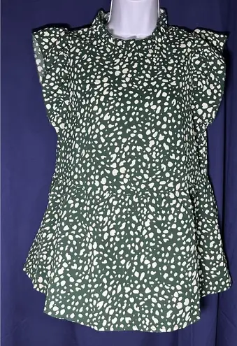 Angashion Women's Green Leopard Print Cap Sleeve Ruffle Neck Babydoll Blouse S