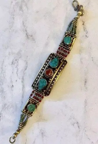 Vintage Native American Silver Hand Made Turquoise Coral Beaded Bracelet RARE Blue