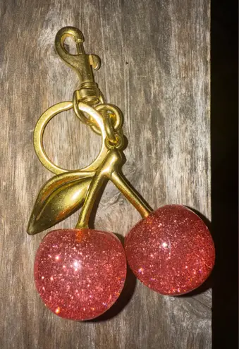 Cherry Bag Charm KeyChain Glitter resin and Gold Brass Pink Cherry Bag Chain