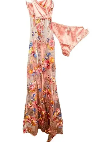 For Love & Lemons Delaney Peony Embroidered Sheer Lace Maxi Dress Pink