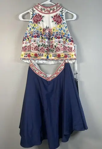 For You DRESS Size XXL White Blue EMBROIDERED 2 Piece Skirt Crop Top Pageant NWT