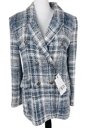 ZARA  Women's Navy and Cream Checkered Blazer - Image 1
