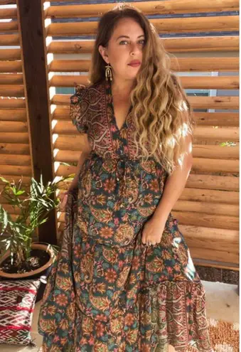 Vintage Tiered Bohemian Red Paisley Maxi Dress Tassel Stretch Silk Blend OS Size M