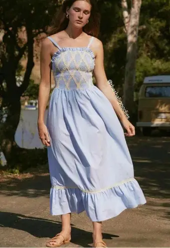 Christy Dawn The Noelle Smocked Cottagecore Midi Dress Blue Size XS