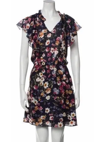 Parker  𑁍 Floral Silk A-Line V Neck Dress 𑁍 Scalloped Ruffles 𑁍 Navy 𑁍 XS