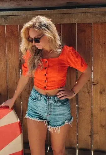 LOVE WHIT BY WHITNEY PORT Red Puff Sleeve Square Neckline Front Button Crop L Size L