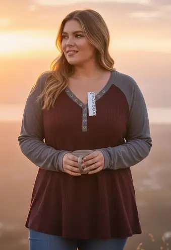 BLOOMCHIC Burgundy Gray Waffle Knit Henley Tunic Top Plus Size 22 24 Brown