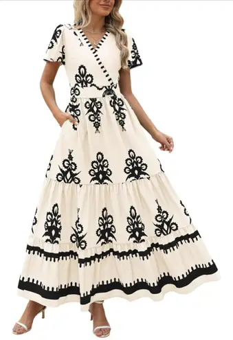 Pretty Garden Elegant White & Black Embroidered Boho Cowgirl Cottagecore Dress L - Image 1