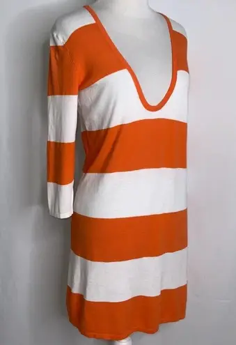 Tommy Bahama  Orange White Striped Deep Plunge V Tunic Stretch Knit Top Small