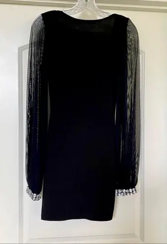 Symphony Dress- - Black Bodycon Dress with Mesh Sleeves and Crystal Wrist Detail
