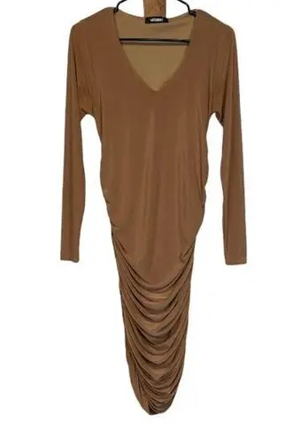 Missguided  Brown Long Sleeve Ruched Gathered Bodycon Dress Size 8