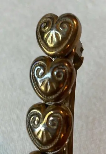Vintage Heart Bar Style Barrette Hair Clip Gold Brass Tone w/ patina Hearts