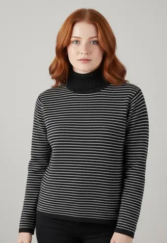 Sylviewear 100% Pure New Wool Turtleneck Sweater Black & White Stripe Size Large