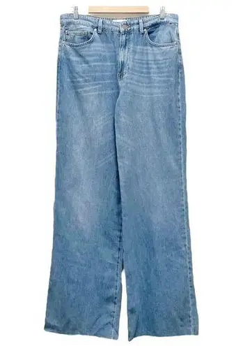 Stradivarius Super Wide Leg High Rise Slouchy Jeans Medium Wash Raw Hem Size 14
