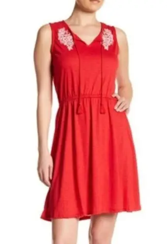 Joe Fresh Dress XL Bright Red White Embroidery Keyhole Tassel Tie Closure New