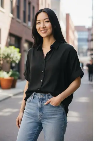 J.CREW BAIRD MCNUTT Irish Linen Relaxed Fit Short Sleeve Shirt Womens Small NWOT Black