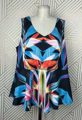 City Chic Prism Printed Peplum Blouse Black Blue Rainbow Size XL / Plus Size 22