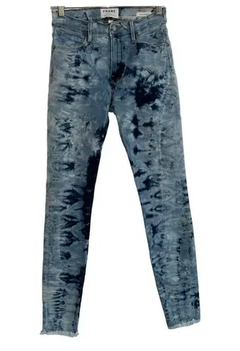 frame denim FRAME Le High Skinny Size 27 GAZE Tie Dye Blue Jeans Crop Stretch raw hem