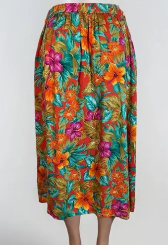 Leslie Fay Vtg. Sportswear Midi Skirt Women 12 Bright Floral Hawaiian Aloha Rayon