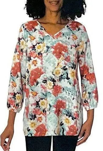 Mario Serrani Green Floral V-Neck Tunic Top NWT Size Small