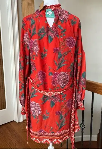 Deja Vu boutique Floral Red Mini Dress tie waist high neck
