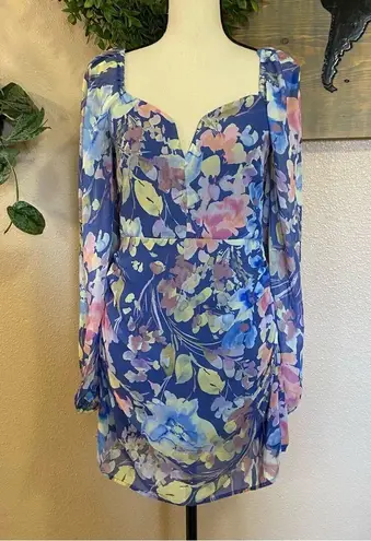 Lulus NWOT  Beautiful Impression Blue Floral Chiffon Long Sleeve Mini Dress