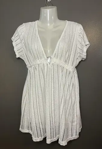 White Swimsuit Cover Up Dress Womens Large Crochet Mesh V Neck Beach Tunic